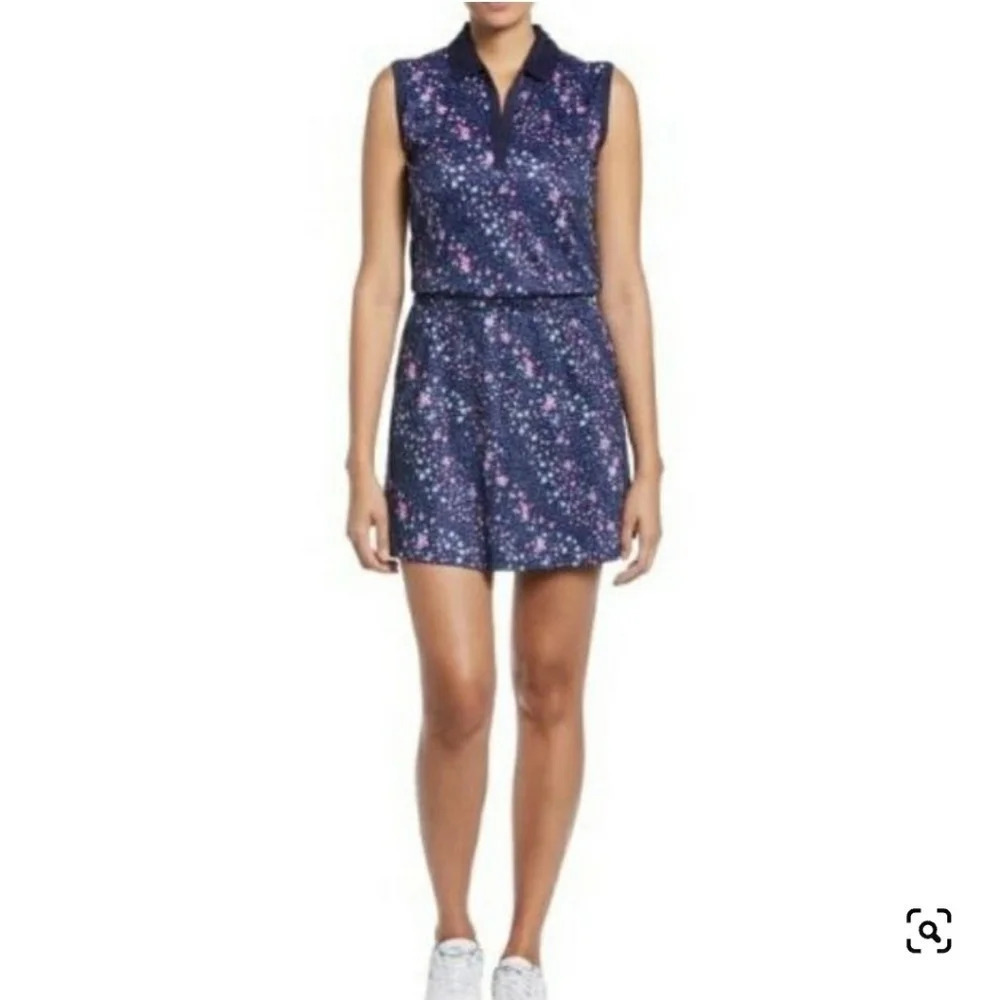 $85 NWT Callaway Sleeveless VNeck Collar Blue Floral UPF 50 Stretch Golf Dress S